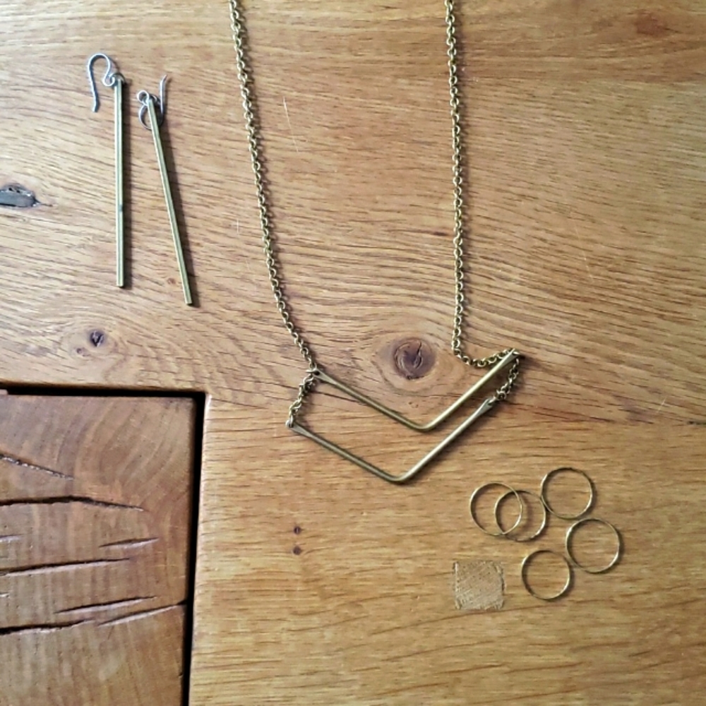 Brass jewelry starter set: rings, necklace, earrings